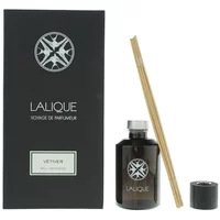 Black Lalique Vetiver Bali Indonesie diffuser set with dark glass bottle, black cap, and natural reed sticks.