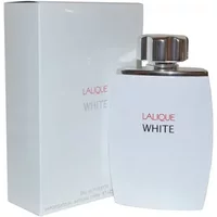Lalique White Eau De Toilette 125ml, sleek white bottle with silver cap, next to matching white box.