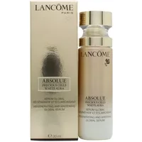 Gold Lancôme Absolue Precious Cells White Aura serum bottle with matching box, featuring black text and logo.