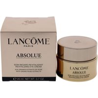 Gold jar of Lancôme Absolue Revitalizing Eye Cream, 20ml, with matching beige box featuring black text.