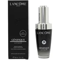 Black and silver Lancôme Genifique serum bottle with shiny cap next to matching black box with white text.