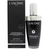 Lancôme Genifique Ultimate serum, black bottle with silver cap, next to matching black box with white text.