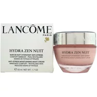 Pink Lancôme Hydra Zen Neurocalm Night Cream jar with silver lid, next to white box with black text.