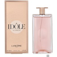 Rectangular pink Lancôme Idole Eau de Parfum bottle with gold cap, next to matching beige box.