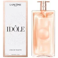 Rectangular Lancôme Idole L'Eau bottle, rose-gold cap, with matching box featuring bold black text.