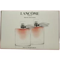 Lancôme La Vie Est Belle Eau De Parfum Gift Set with two clear bottles, pink gradient, and silver caps with ribbons.