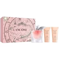 Lancôme La Vie Est Belle gift set with pink perfume bottle and two matching lotion tubes in decorative pink box.
