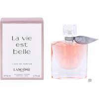 Clear glass bottle with pink perfume, silver cap, and gray ribbon, next to pink Lancôme La Vie Est Belle box.