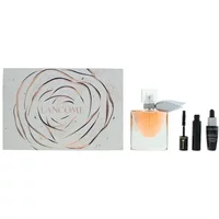 Lancôme gift set with floral box, 30ml perfume bottle, black mascara, and small serum dropper.