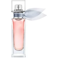 Clear glass bottle with pink perfume, silver cap, and sheer gray ribbon, Lancôme La Vie Est Belle Happiness Drops 15ml.