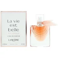 Lancôme La Vie Est Belle Iris Absolu perfume, 30ml, in a clear bottle with a pink ribbon, next to its box.