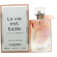 Lancôme La Vie Est Belle Soleil Cristal Eau De Parfum 50ml, iridescent bottle with pink ribbon and matching box.