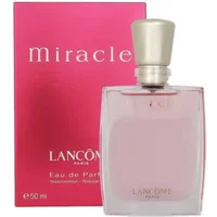 Lancôme Miracle Eau De Parfum 50ml, pink liquid in clear glass bottle with silver cap, pink box background.