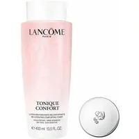 Pink Lancôme Tonique Confort toner bottle, 400ml, with white cap and black text, featuring brand logo.