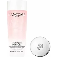 Pink Lancôme Tonique Confort toner bottle, 200ml, with white cap and black text.