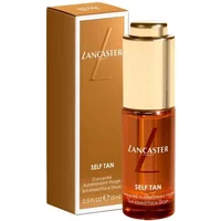 Lancaster Self Tan Sun-Kissed Face Drops 15ml in amber bottle with gold cap, next to matching gold and orange box.