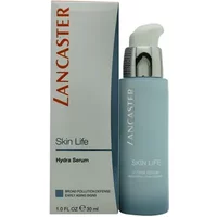 Lancaster Skin Life Hydra Serum 30ml in light blue pump bottle with silver cap, next to branded white box.