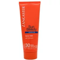 Orange Lancaster Sun Beauty Body Milk SPF 30 tube, 100ml, with white and blue text.