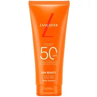 Orange Lancaster Sun Beauty Body Milk SPF 50 tube, 100ml, with bold white text and logo on the front.