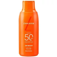 Orange Lancaster Sun Beauty Body Milk SPF 50 bottle, 175ml, with bold white text and flip-top cap.