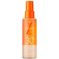 Orange Lancaster Sun Beauty Body Water SPF 30, 100ml spray bottle with orange cap and bold white text.