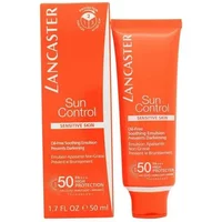 Orange Lancaster Sun Control Face Cream SPF 50 tube, 50ml, with matching box, white text and sun protection details.