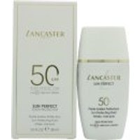 White Lancaster Sun Infinite Glow SPF50 fluid bottle with gold accents, next to matching box.