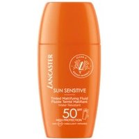 Orange Lancaster Sun Sensitive SPF50 bottle with white text and logo, 30 ml, sleek design.