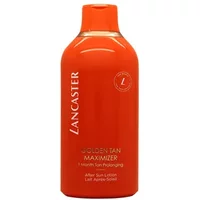 Orange Lancaster Suncare Golden Tan Maximizer Aftersun Lotion bottle, 400ml, with white text and flip-top cap.