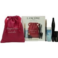 Lancôme Hypnose gift set with mascara, eyeliner, lipstick, eye cream, and pink drawstring pouch.
