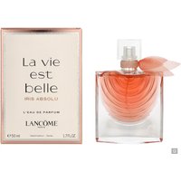 Lancome La Vie Est Belle Iris Absolu 50ml, clear square bottle with pink liquid and ribbon, next to matching box.