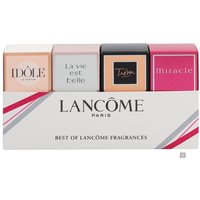 Lancome fragrance gift set with four mini bottles in pink, white, black, and red packaging, labeled Idole, La Vie Est Belle, Tresor, Miracle.