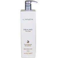 L'anza Healing Volume Thickening Shampoo 1000 ml, tall white bottle with pump dispenser and silver accents