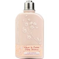 Pink L'Occitane Cherry Blossom Shimmering Body Lotion 250 ml bottle with floral embossing and silver cap.