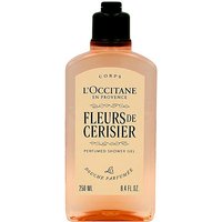 Clear bottle of L'Occitane Cherry Blossom Shower Gel, pink liquid, black cap, floral label design.