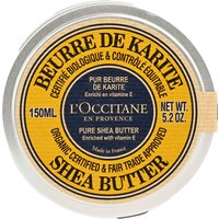 Round tin of L'Occitane Multi Purpose Shea Butter, silver lid, yellow label with black text, 150 ml size.