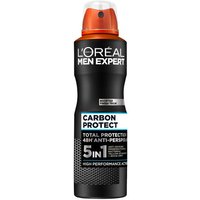 Black L'Oréal Paris Carbon Protect Deospray 150 ml with orange cap and 5-in-1 protection label.