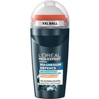 L'Oréal Paris Magnesium Defence 48 Roll On Deo, dark blue bottle, clear cap, orange XXL ball label, 50 ml size.
