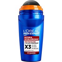 Blue L'Oréal Paris Men Expert Hydra Hyaluronic deodorant roll-on with orange cap, 50 ml, anti-perspirant formula.