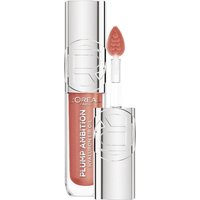 Clear tube of L'Oréal lip oil with silver cap, doe-foot applicator, and nude pink shade labeled "Plump Ambition."