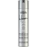 Silver L'Oréal Professionnel Infinium Pure Hairspray can, black text, 300 ml, extra strong hold.