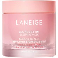 Laneige Bouncy & Firm Sleeping Mask in pink jar with white text, 60 ml, promises plump, hydrate, and glow benefits.