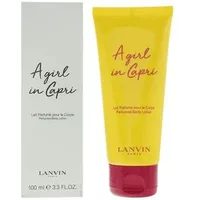 Yellow Lanvin A Girl In Capri body lotion tube, red cap, pink script, next to matching white box, 100ml size.