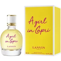 Lanvin A Girl In Capri Eau De Toilette 90ml, round glass bottle with yellow liquid, white cap, yellow box with red text.