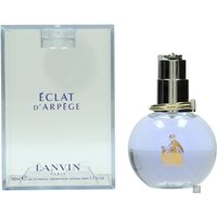 Round glass bottle with silver cap, purple liquid, Lanvin Eclat D'Arpege text, and matching box with logo.