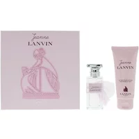 Lanvin Jeanne gift set with pink perfume bottle, silver cap, and matching pink body lotion tube, elegant packaging.