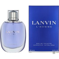 Lanvin L'Homme Eau de Toilette 100ml, clear oval bottle with silver cap, blue box packaging.