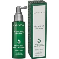 L'ANZA green bottle with silver pump, Healing Nourish Stimulating Hair Treatment, 100ml, next to matching box.