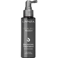 Dark gray L'ANZA Healing Remedy Scalp Balancing Treatment bottle with pump nozzle, 100ml capacity.