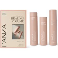L'Anza Healing Volume Gift Set with three pink bottles and a matching box featuring product details.